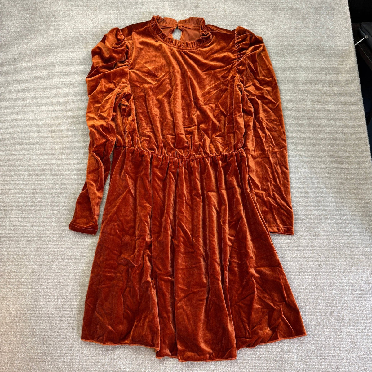 Women's M Chestnut Velvet Mini Dress Long Sleeve Ruffle Neck Pleated Skirt