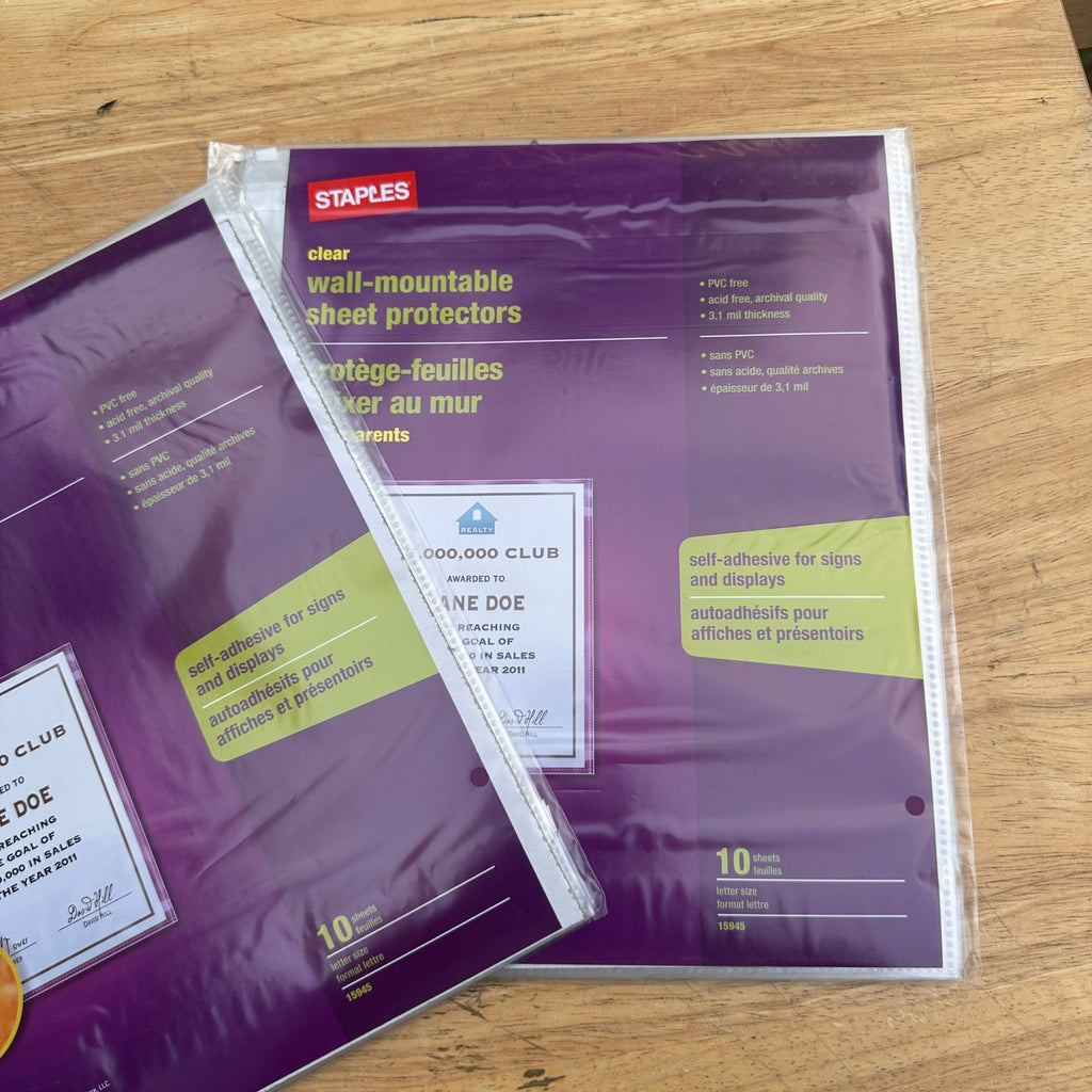 2 Packs of 10 Staples 15945 Clear Wall-Mountable Sheet Protector Letter Size