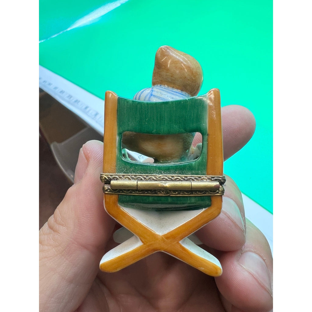 Vtg Limoges France Porcelain Teddy Bear In Director's Chair Trinket Box