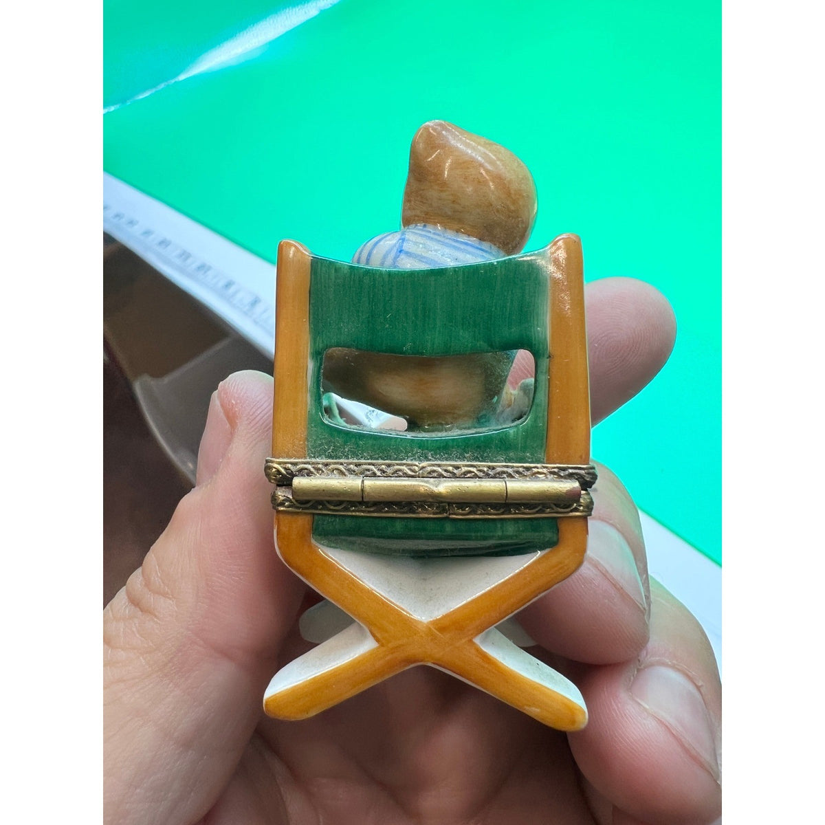 Vtg Limoges France Porcelain Teddy Bear In Director's Chair Trinket Box