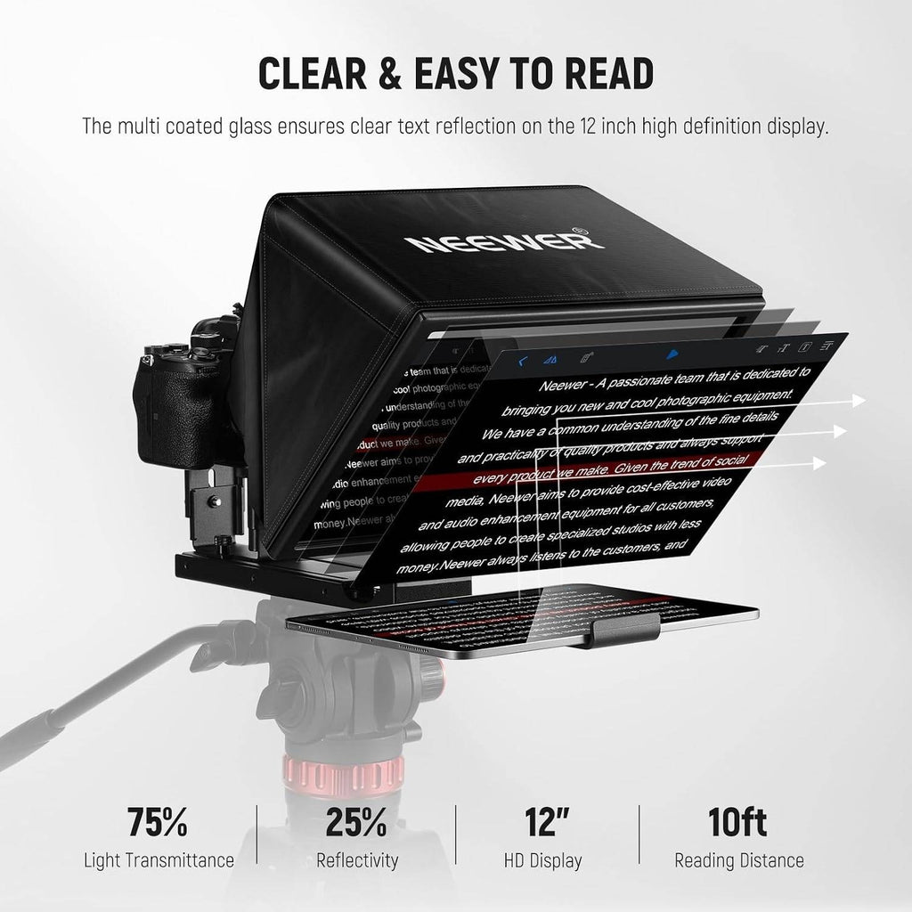 NEEWER Basics X12B Aluminum Alloy Teleprompter 12" for Tablet DSLR Camera Comp