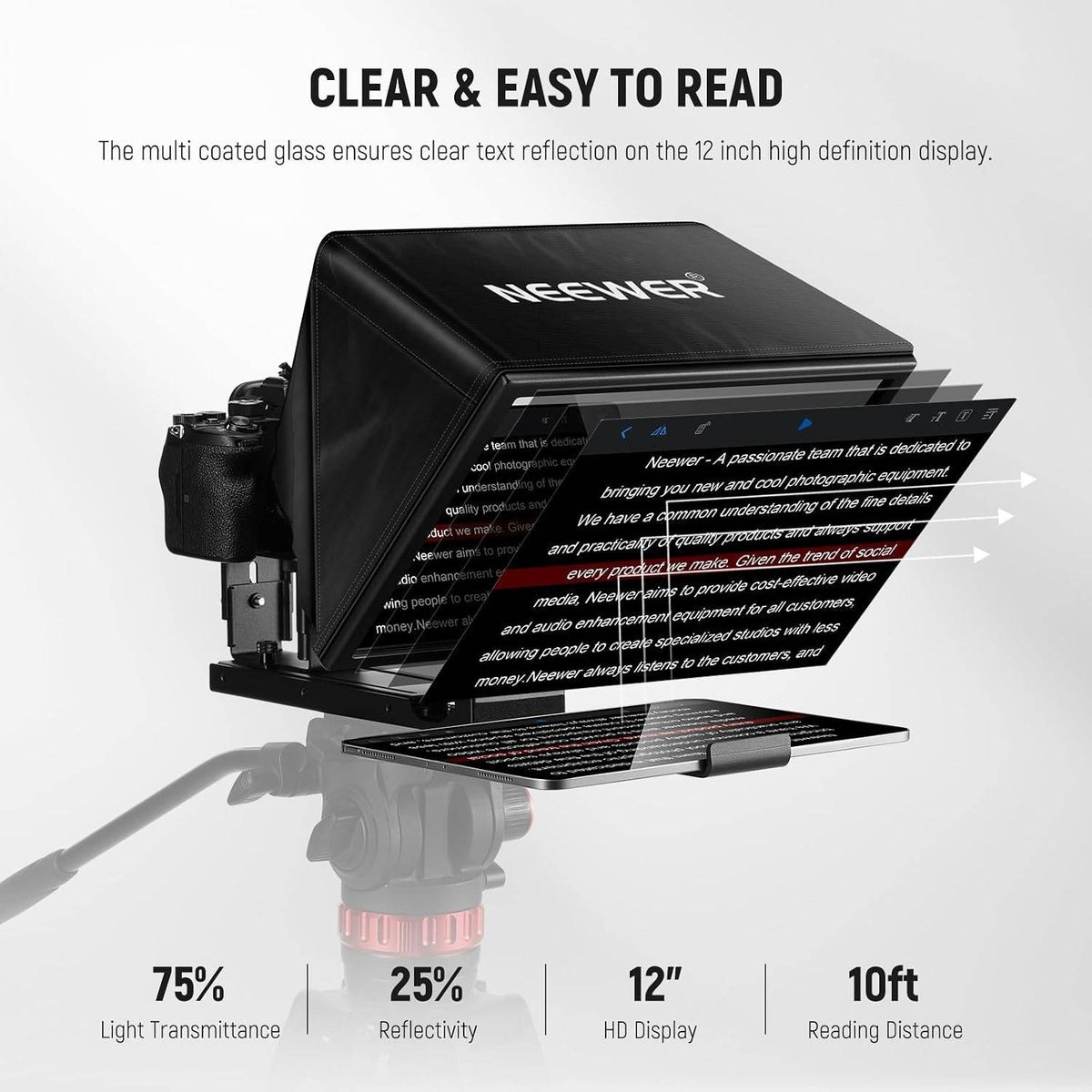NEEWER Basics X12B Aluminum Alloy Teleprompter 12" for Tablet DSLR Camera Comp