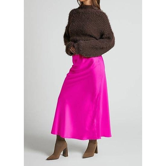 MSRP $48 TEDDIFY Women's S Hot Pink Satin Maxi Skirt High Waisted Elastic Waist