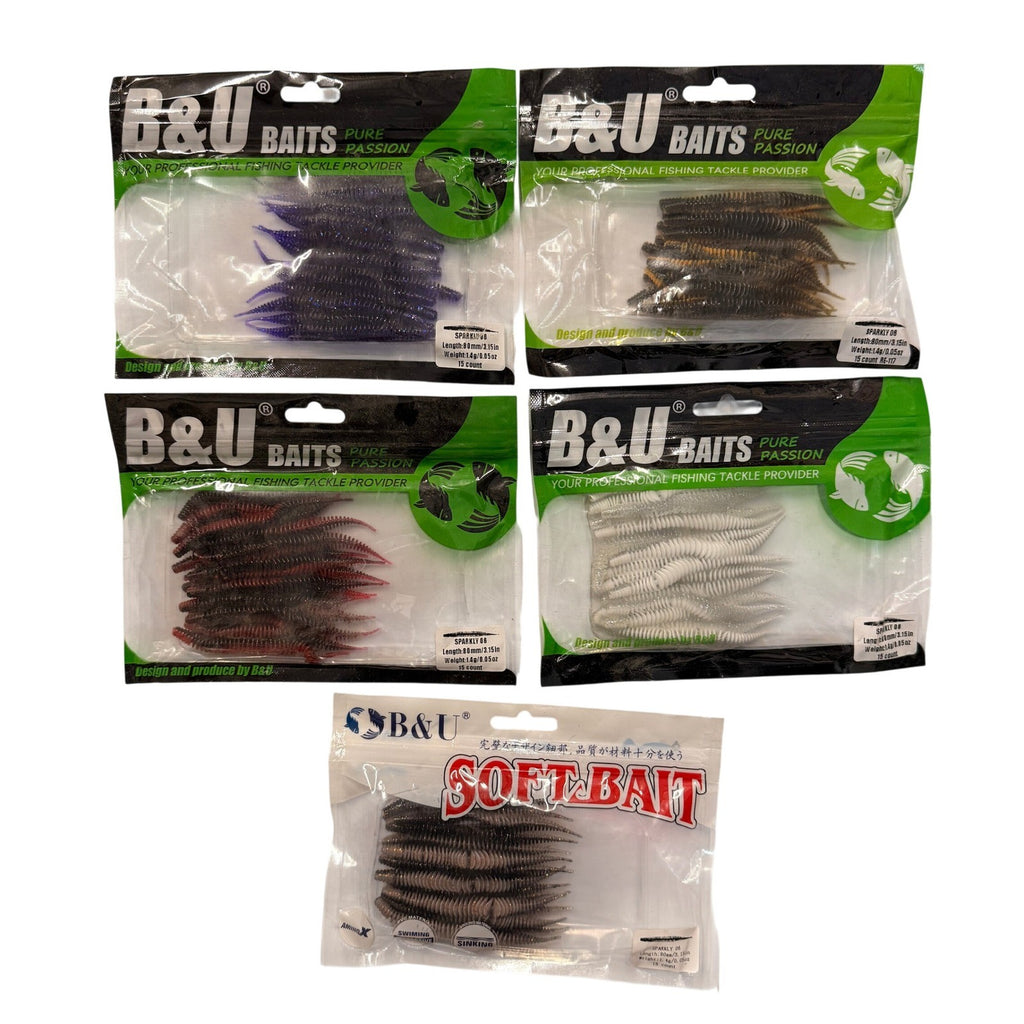 Set of 5 (15 pcs Each) B&U Baits Floating Soft Fishing Sparkly 3.15" Fishing