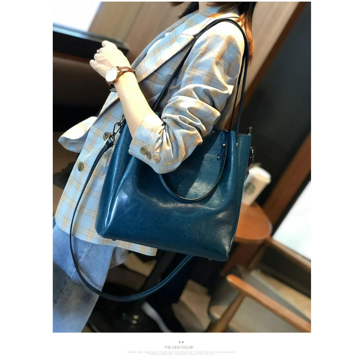 Women's One-shoulder Large Casual Tote Fashion Messenger Cowhide Leather Bag Blu