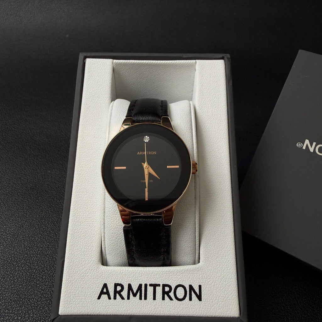 MSRP $50 Armitron 75/5410RG Rose Gold Womens Diamond Black Dial Watch New Batt