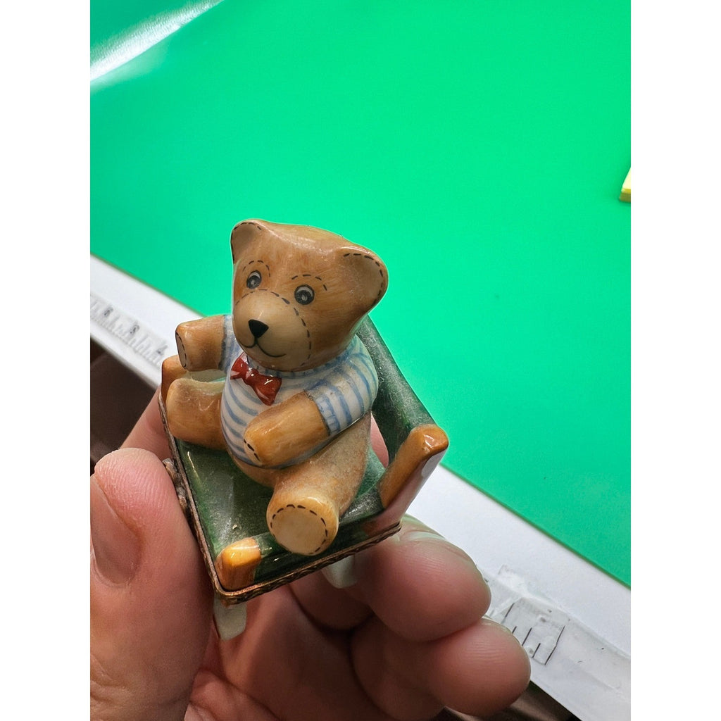 Vtg Limoges France Porcelain Teddy Bear In Director's Chair Trinket Box
