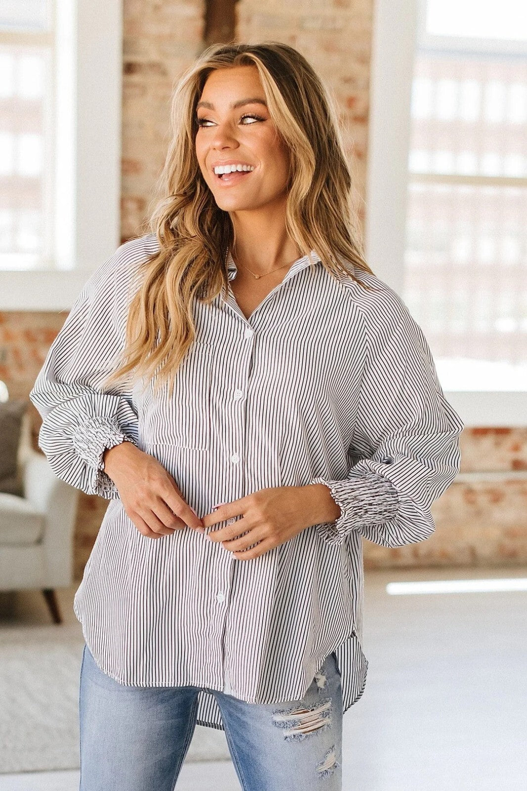 Women's M-2XL Black Smocked Cuffed Long Sleeve Striped Boyfriend Shirt w/ Pocket