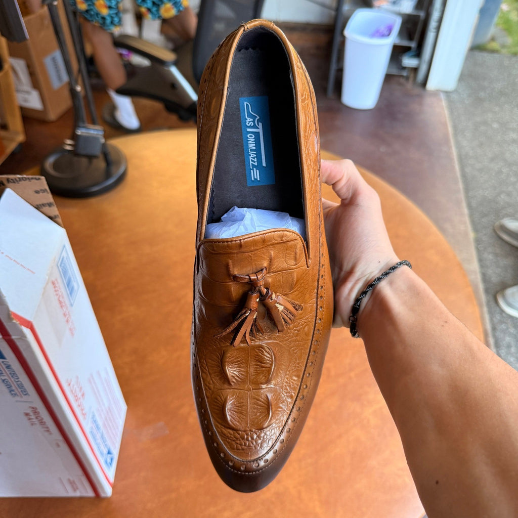 Santimon Men's US 9 Brown Leather Alligator Print Tassel Loafer Slip On Shoes