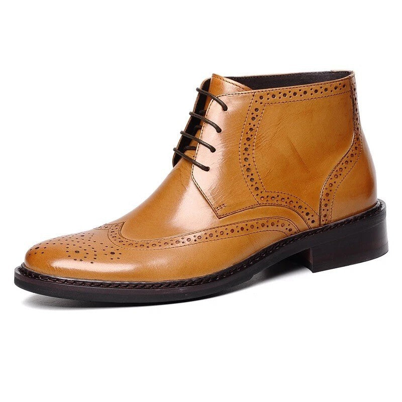 Santimon Men's US 6.5 Tan Leather Wingtip Brogues Ankle Lace Up Dress Boots