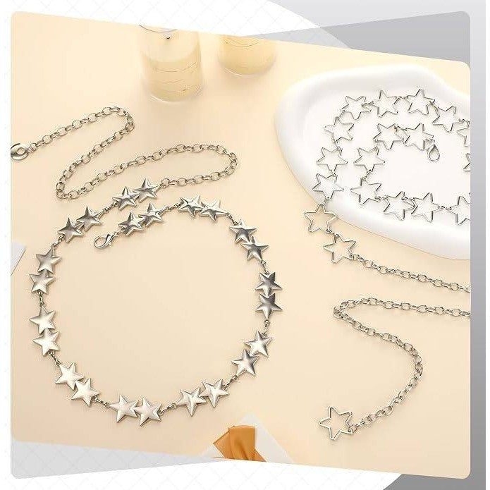 Fingertip WD 2 Pcs Silver Star Chain Belt Y2K Metal Waist Belt Punk Body Chai