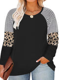 ROSRISS Women's 14W-26W Long Sleeve Top Striped Leopard Print Knotted Tunic Shir