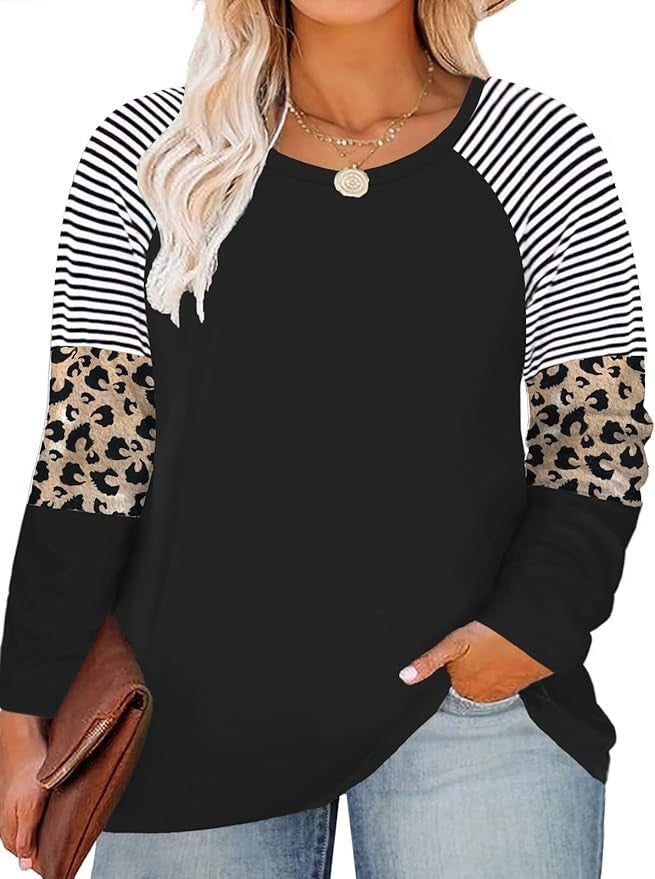 ROSRISS Women's 14W-26W Long Sleeve Top Striped Leopard Print Knotted Tunic Shir