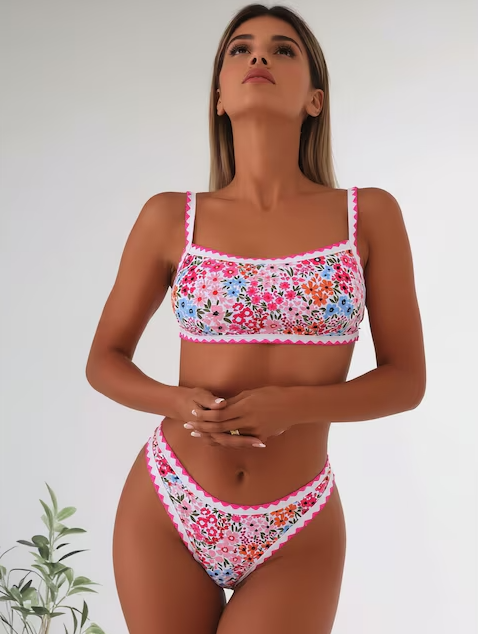 Women's M-XL Floral Print 2 Piece Bikini Set with Ric Rac Trim Tie Back High Cut