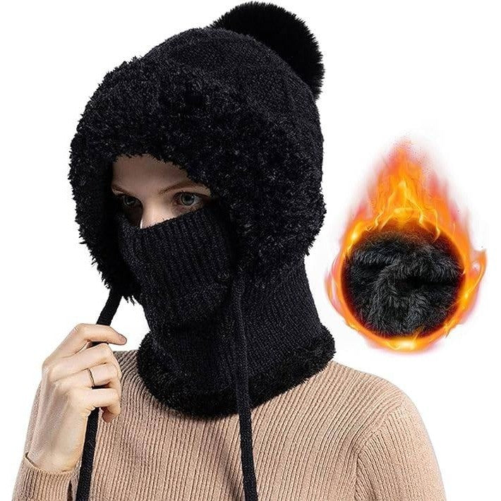 HAIMEIKANG Black Balaclava Ski Hat Wind-Resistant Hat Cap Scarf for Women