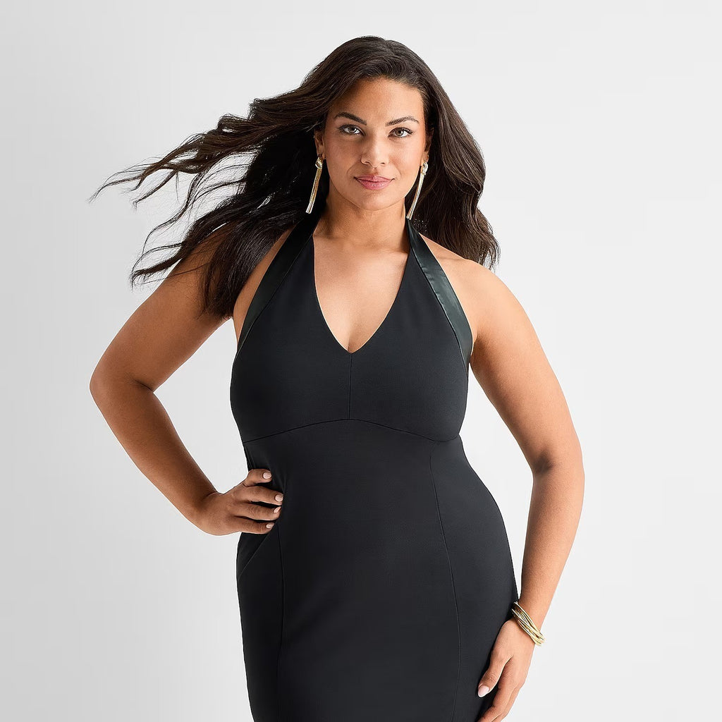 MSRP $90 Ashley Graham Women 24W Peppercorn Black Midi Halter Neck Bodycon