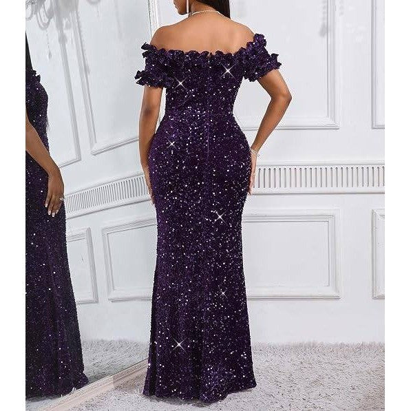 MSRP $79 dasmzper Womens M Purple Sequin Off Shoulder Ruffle Mermaid Maxi Dress