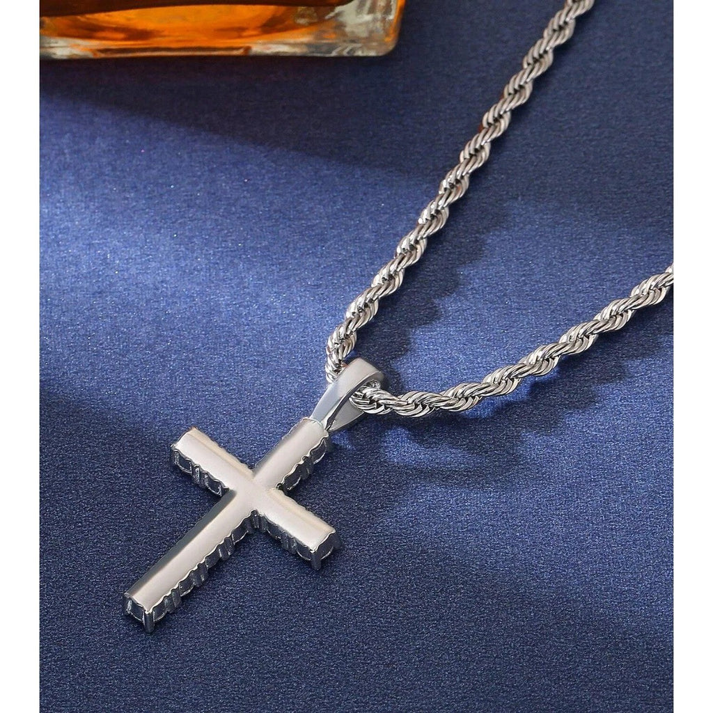 Necklace Cross Pendant Silver Tone Stainless Steel Twisted Rope Chain Women