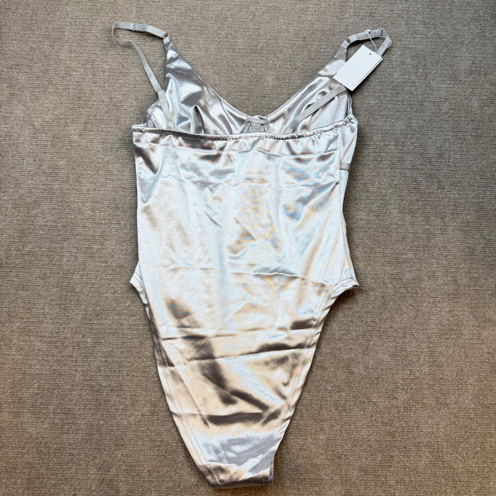 MSRP $31 Velius Women's L Sexy Silver Metallic Shiny Bodysuit Tank Top for Night