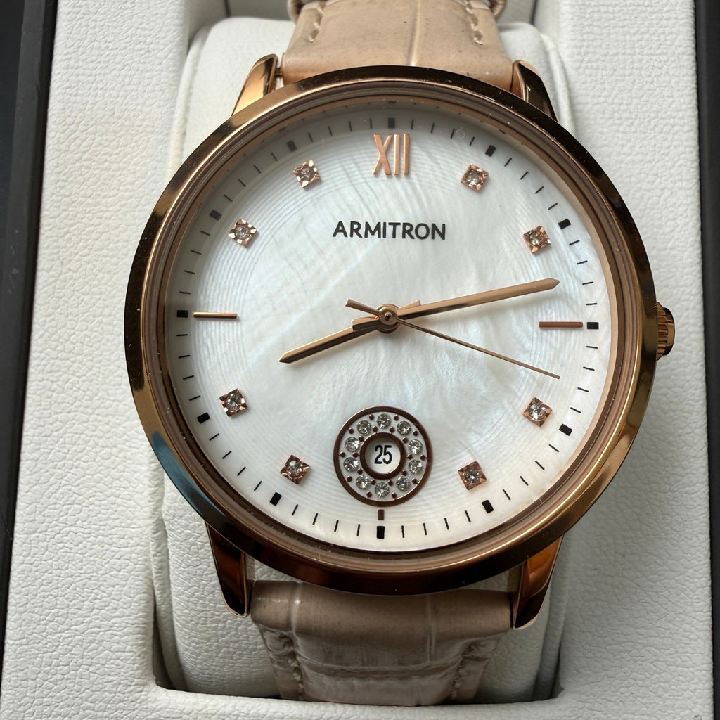 Armitron Womens 75/5834RG Rose Gold Tone Crystal Leather Strap Watch New Batter