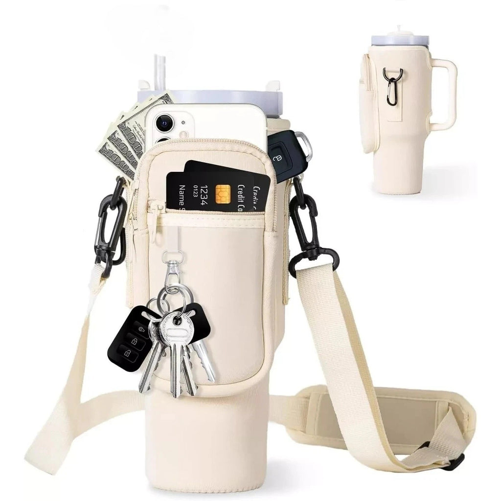 Water Bottle Holder Bag w/ Crossbody Strap Phone Pocket Sleeve Beige Straw Cove