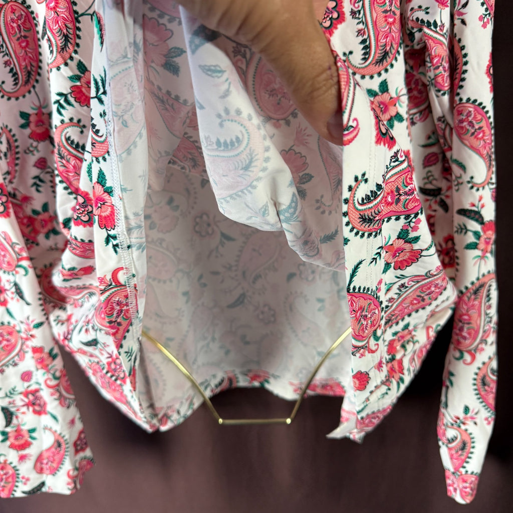 Lands' End Women's M-1X LONG Long Sleeve Rash Guard Swim Tee White Multi Paisley