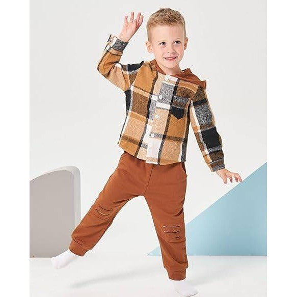 MSRP $26 Renotemy Baby Boy 2-3T Plaid Brown Clothes Set Toddler Long Sleeve