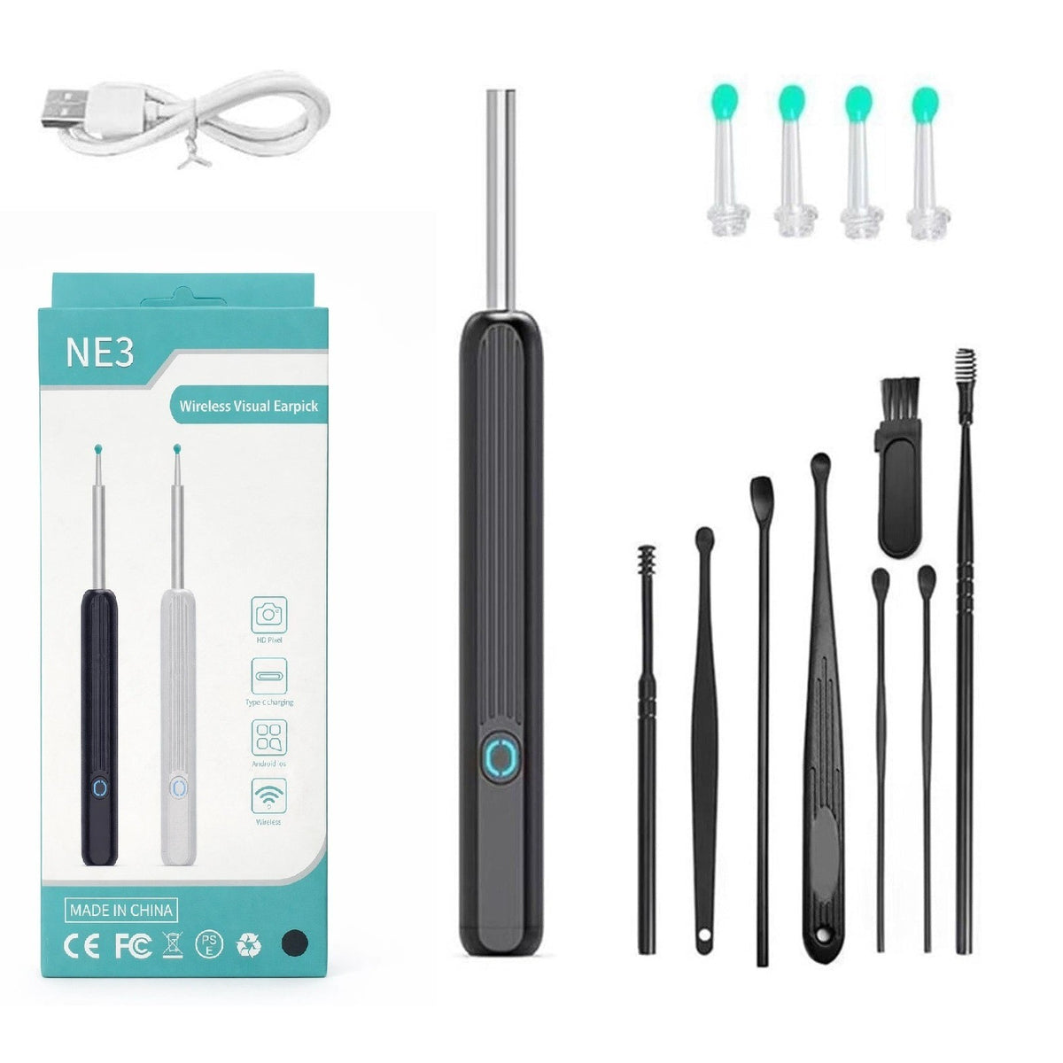Intelligent Wireless Visual Ear Sampling Stick NE3 Black with HD Camera and LE