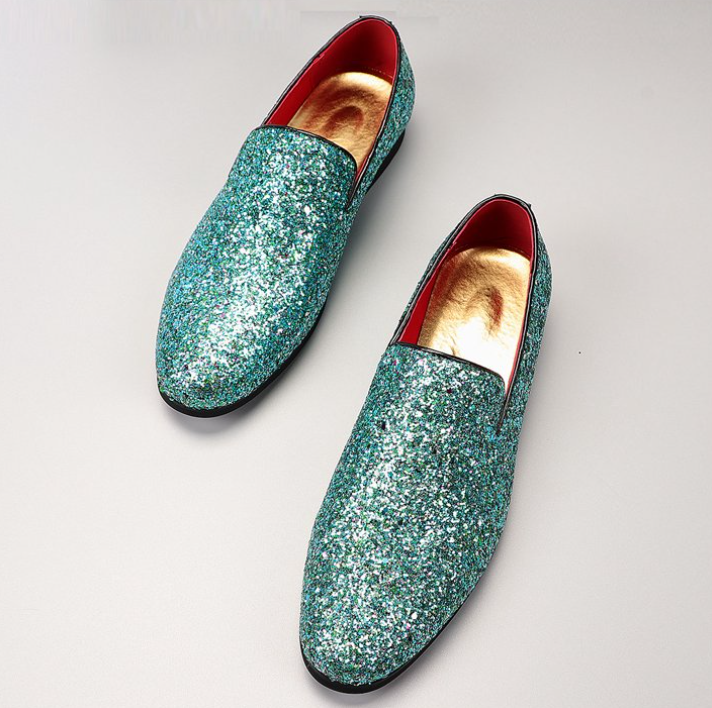 Santimon Men's US 7 - 12.5 Cyan Glitter Slip On Loafers Sequin Dress Shoes