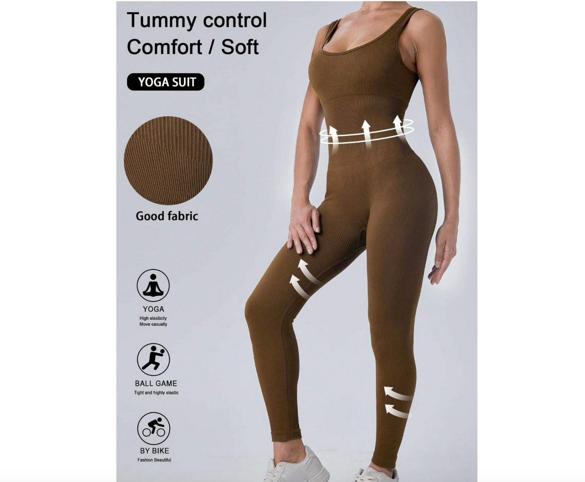 1pc Women's S, XL Seamless Shoulder Strap Jumpsuit Brown, Yoga Fitness Running