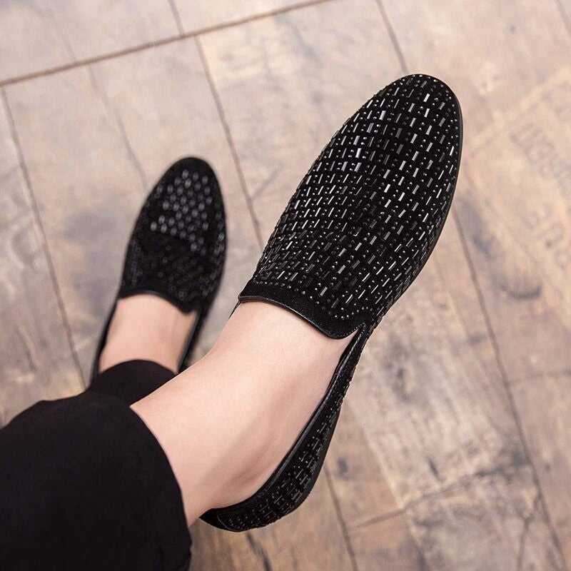 Santimon Men's US 8 Black Rhinestone Slip On Loafers Formal Dress Shoes