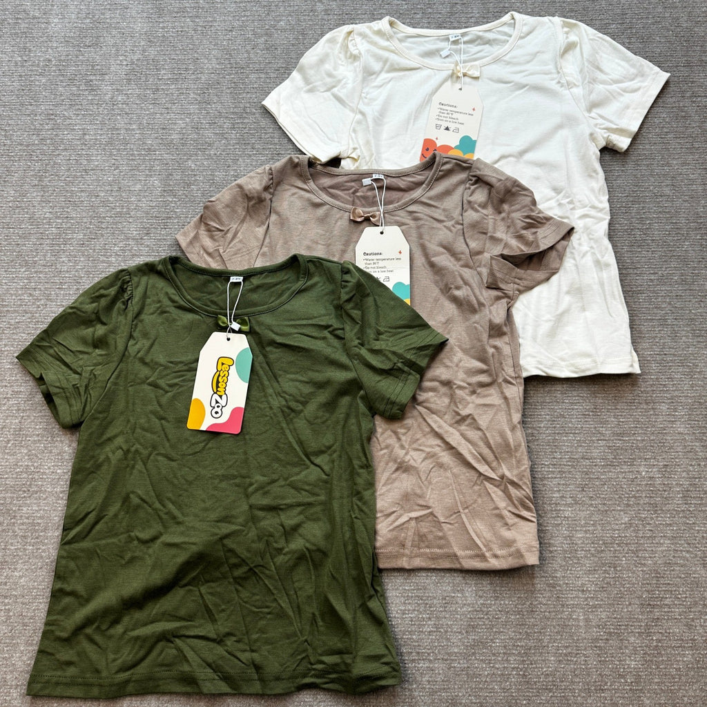 NWT LessonZoo 3 Pack Girls 7-8Y Cream/Khaki/Olive Green Bow Crewneck Tees Short