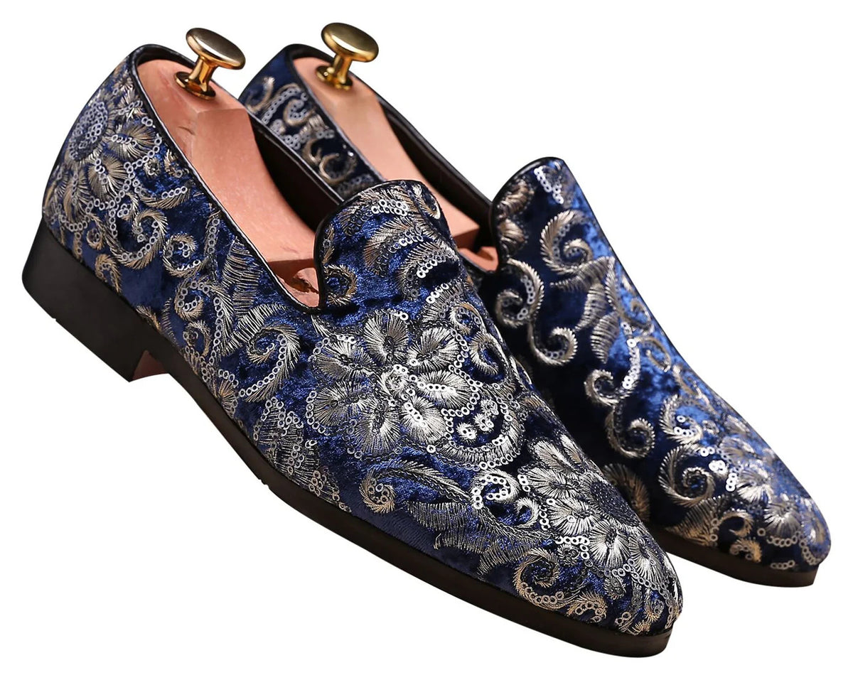 Santimon Men's US 6-12.5 Blue Velvet Silver Stitching Smoking Loafers Shoes