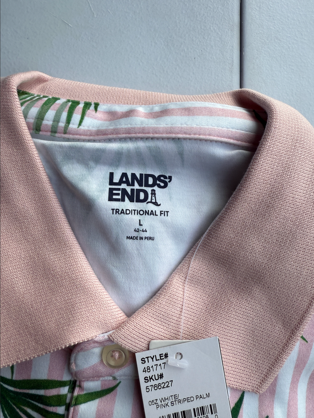 Lands End Mens Jacquard Polo Shirt M-XL Soft Supima Short Sleeve White/Pink Stri