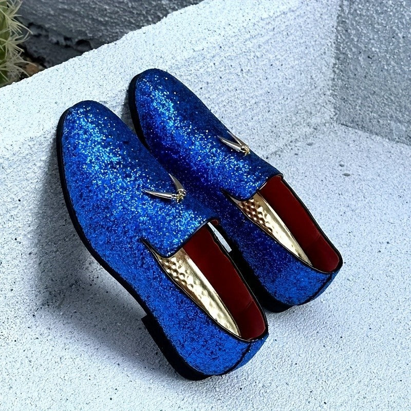 Santimon Men's US 9.5 Blue Glitter Sequin Slip On Loafers Tuxedo Suit Shoes