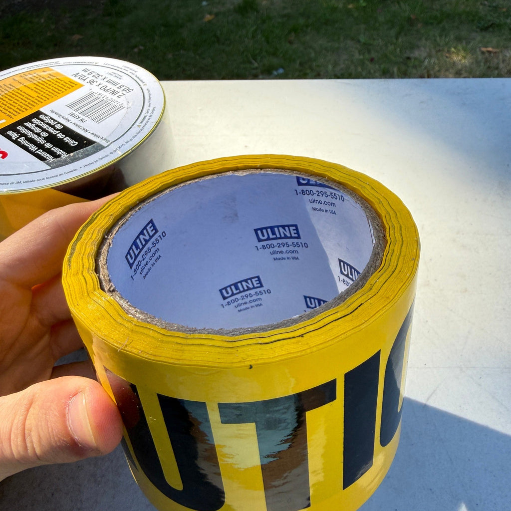 Set of 5 3M 766 Hazard Warning Tape Black/Yellow 2" x 36 yd & Uline Caution