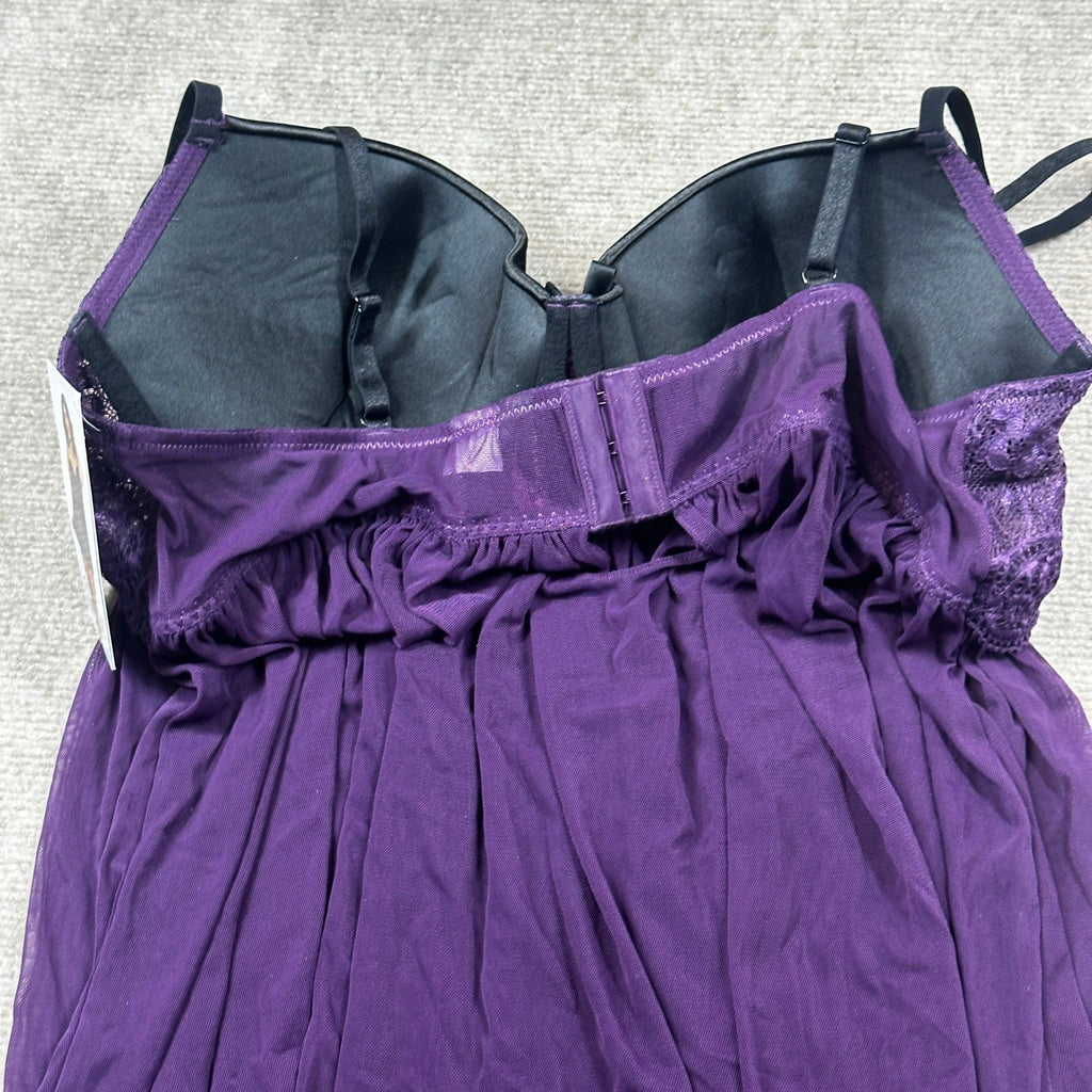 NWT Dreamgirl 11020X Womens 1X Plum Stretch Mesh and Lace Babydoll w/ G-String