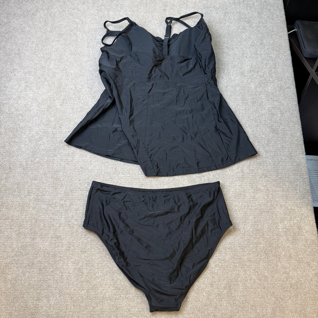 MSRP $42 Aleumdr Women's 2XL Black Tankini Bathing Suit Scallop 2 Piece Tummy