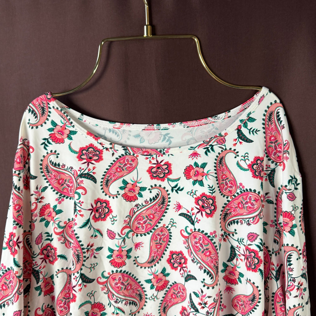 Lands' End Women's M-1X LONG Long Sleeve Rash Guard Swim Tee White Multi Paisley
