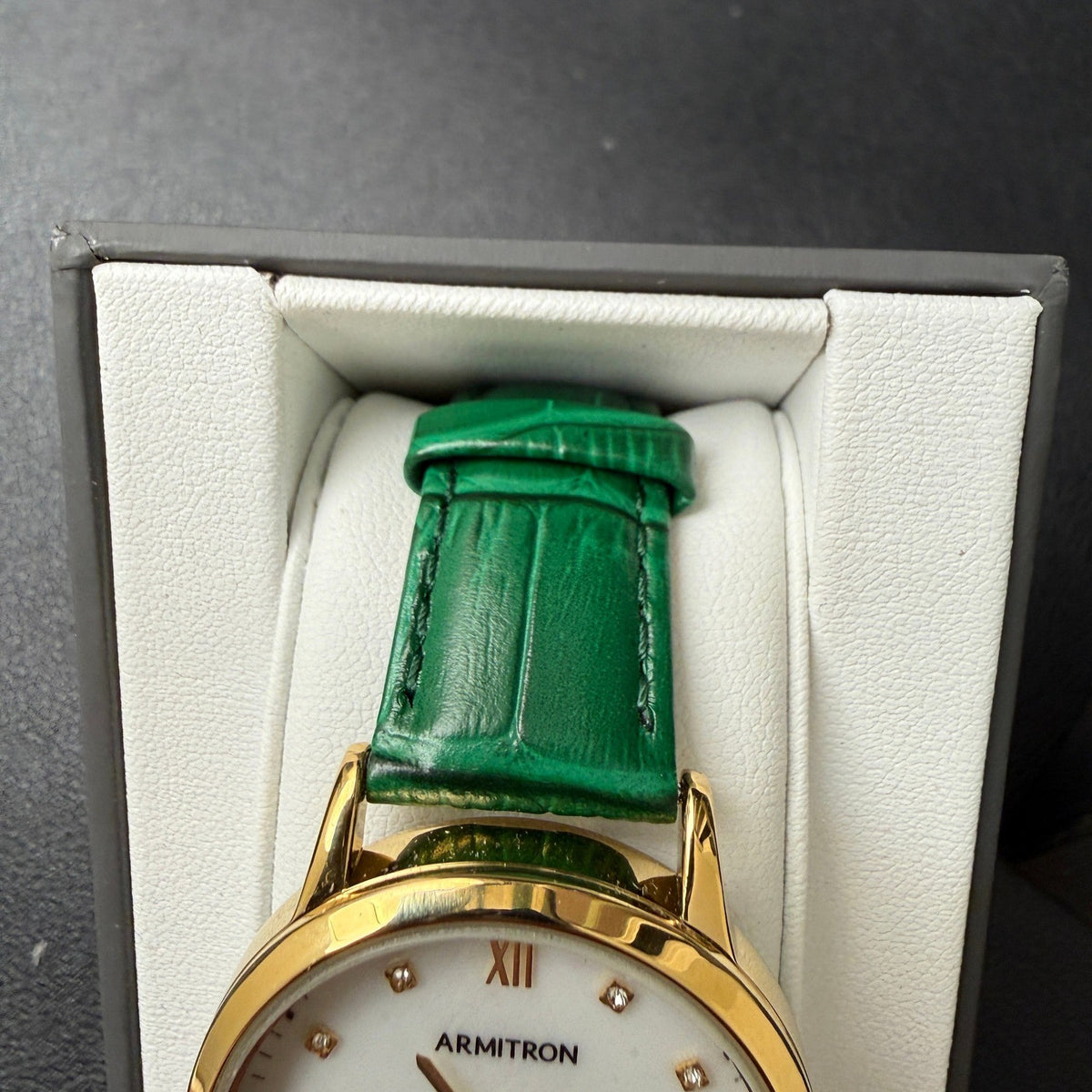 Armitron 75/5834GP Women's Gold Tone Crystal Green Leather Strap Watch New Batt