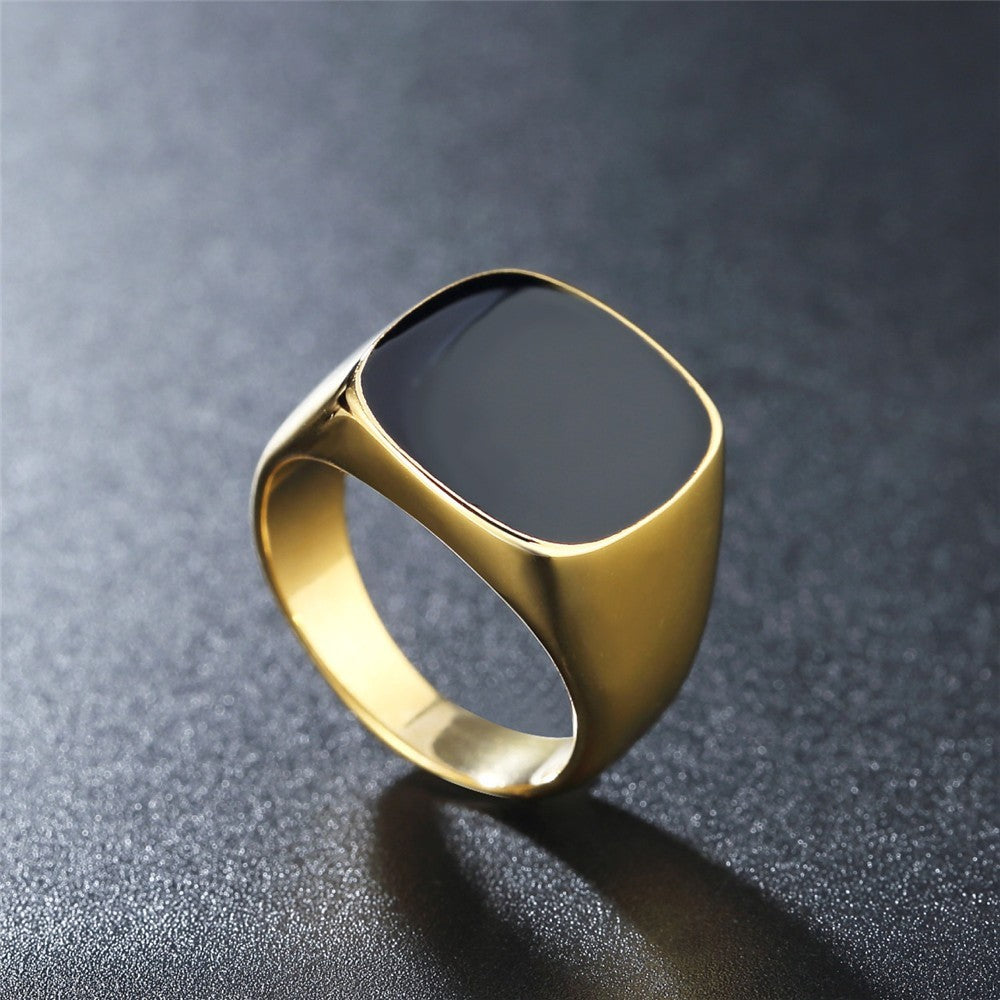 Square Black Signet Pinky Ring Mens Gold, Silver Tone Stainless Steel Size 8-13