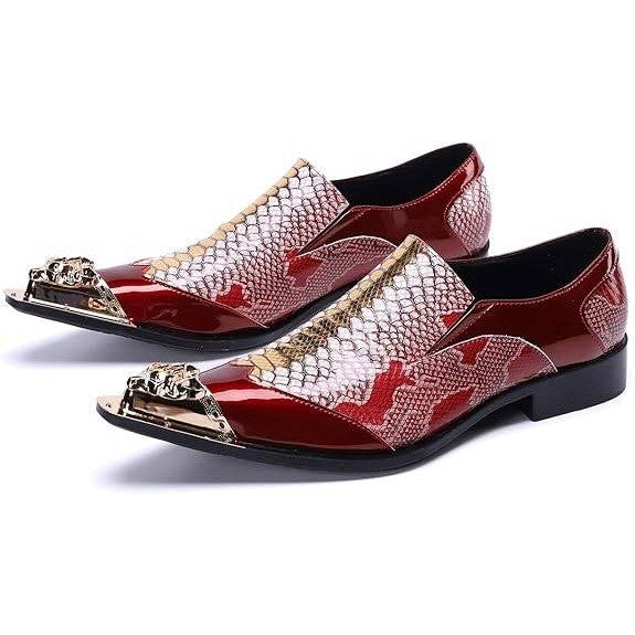 Santimon Mens US 10 Red Genuine Leather Dress Loafers Metallic Cap Slip On Shoes