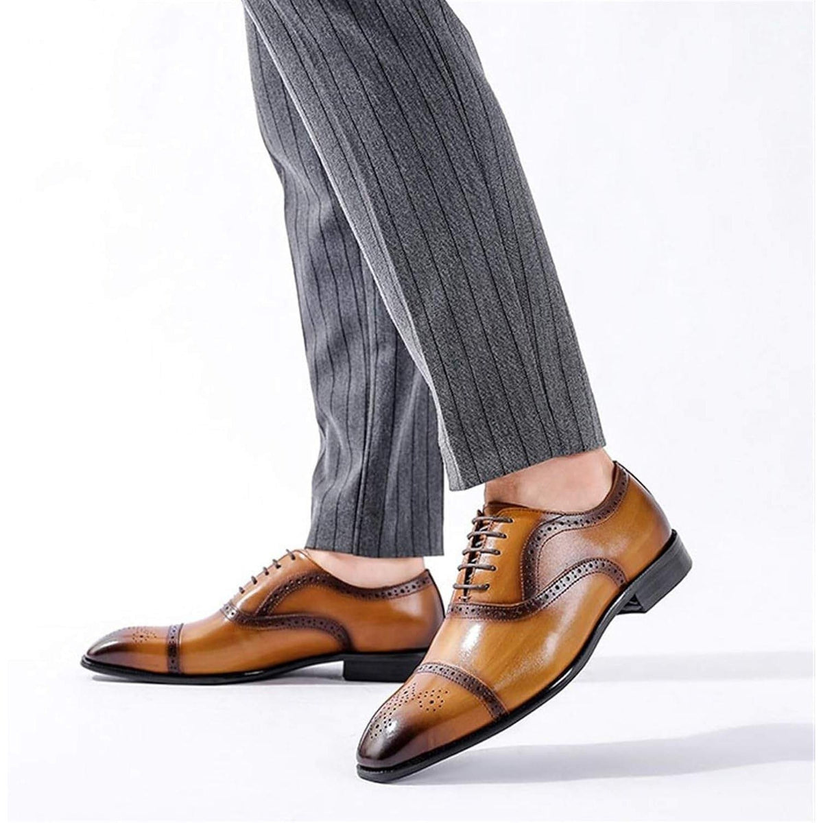 Santimon Men's US 6.5 Tan Brogue Pointed Toe Oxford Lace Up Dress Shoes