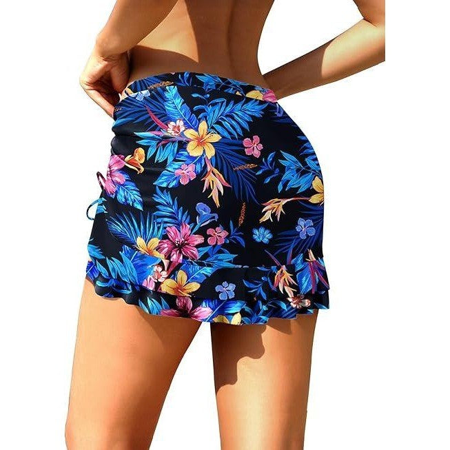 MSRP $26 Pinup Fashion Women's L Blue Floral High Waisted Swim Skirt Draw