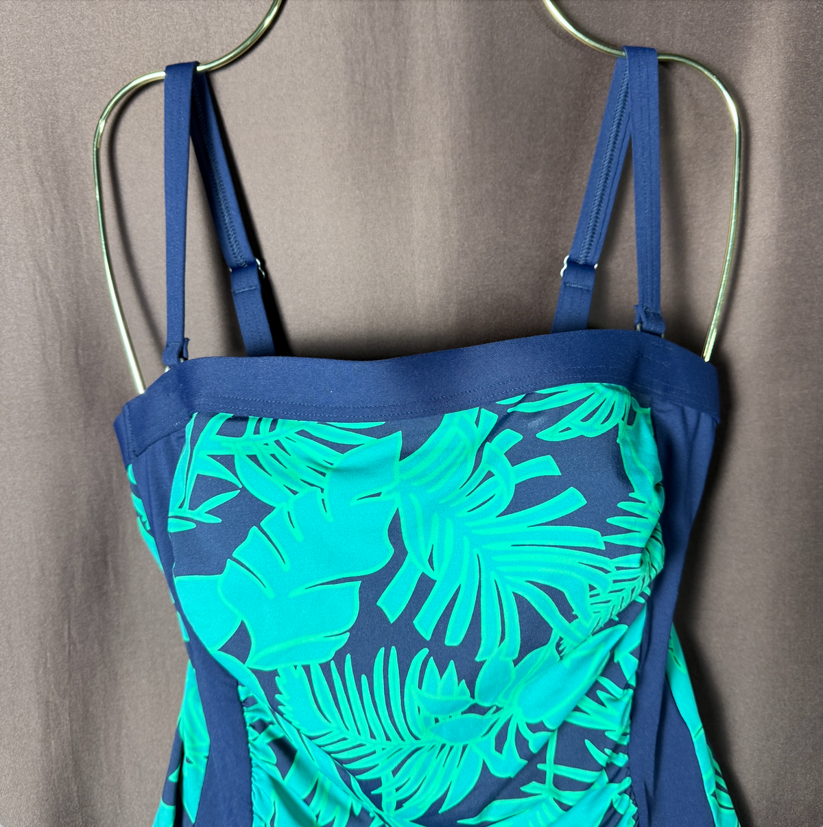 Lands' End Women's 2 LONG Bandeau Tankini Swimsuit Top Tropical Print Navy/Emera