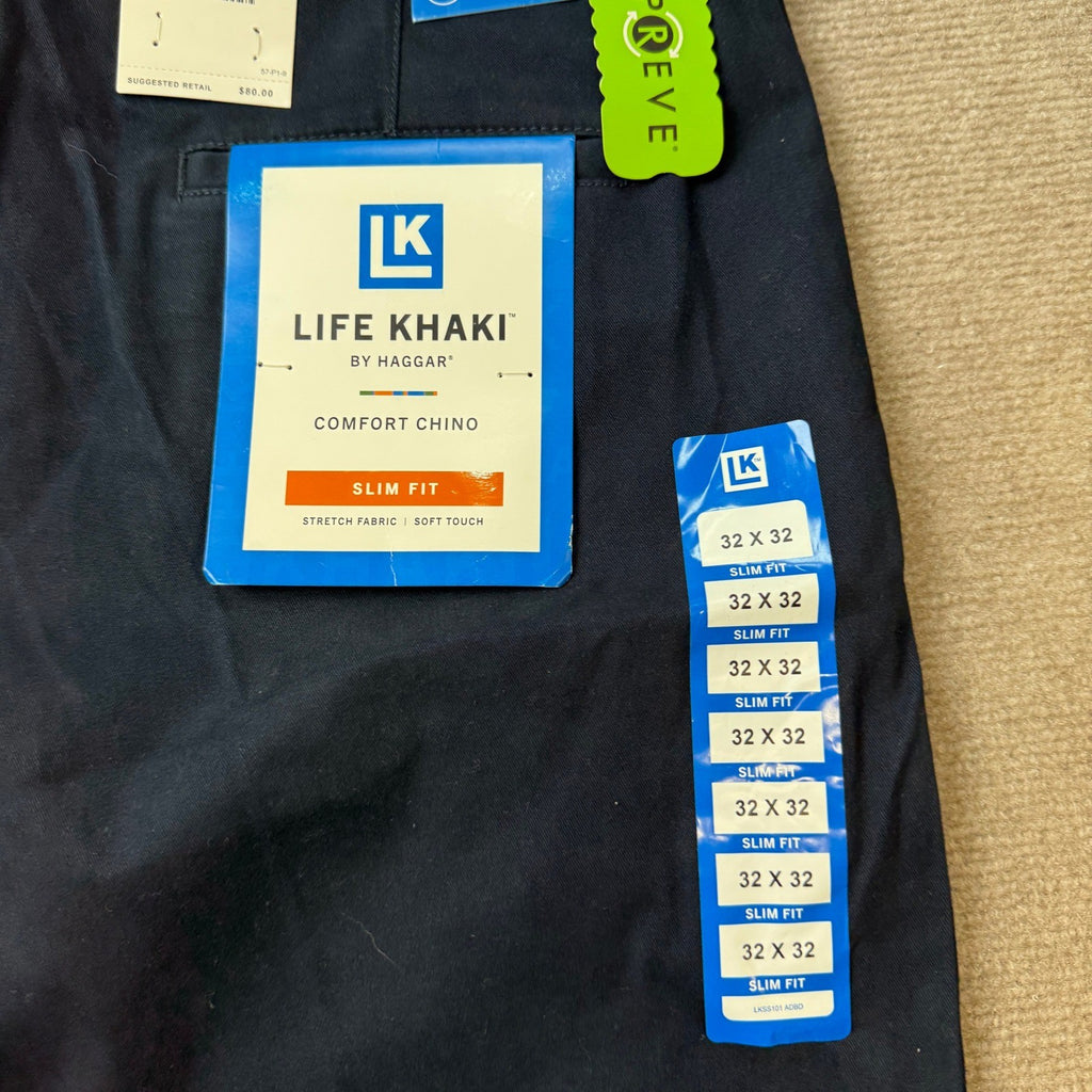 MSRP $80 Haggar HC80059 Life Khaki Men's 32x32 Dark Navy Slim Fit Chino Pants