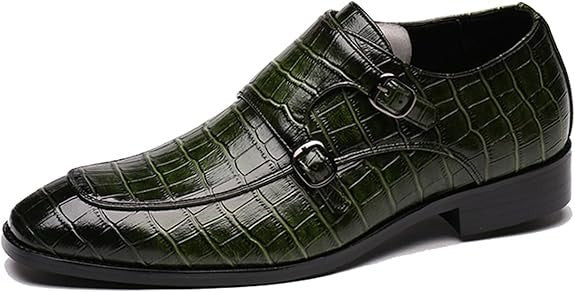Santimon Men's US 7.5-8 Green Leather Double Monk Strap Slip on Loafer Shoes