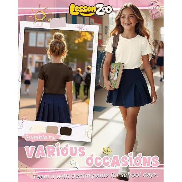 NWT LessonZoo 3 Pack Girls 9-10Y Cream/Khaki/Brown Bow Crewneck Tees Short S