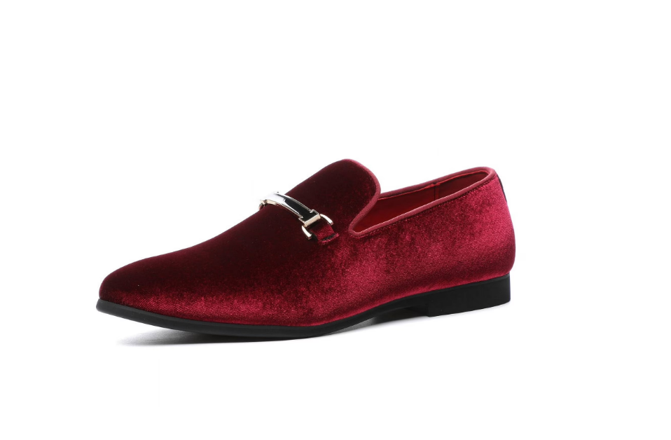 Santimon Men's US 8 - 10 Red Dress Loafers Velvet Horsebit Buckle Moccasin Shoes