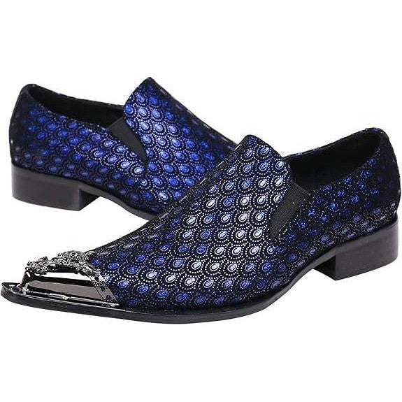 Santimon Men's US 9.5 Black/Blue Leather Metal Tip Western Loafers Dress Shoes